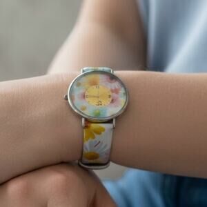 Charming Charlie Daisy Floral Novelty Watch with Gold Tone and Rhinestone Dial